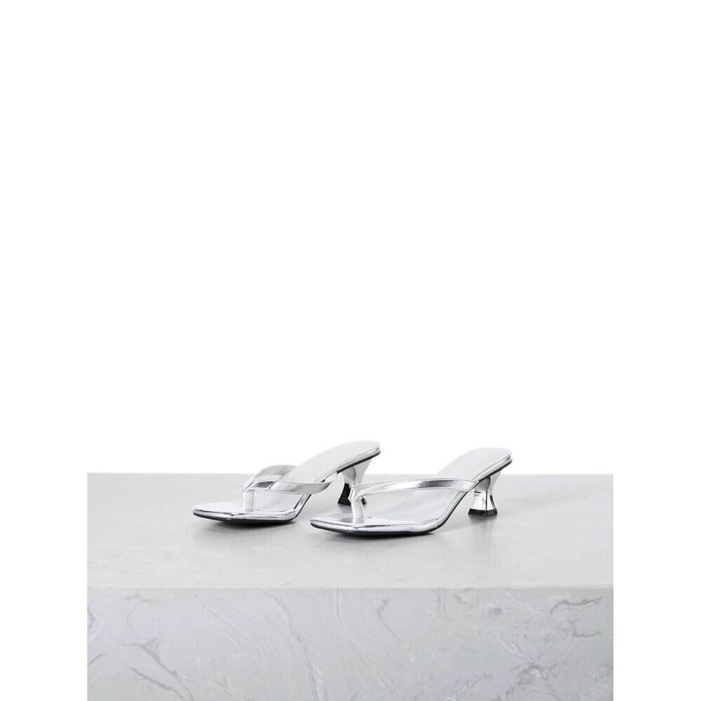 Metallic Silver Square Toe Thong Strap Flared Spool Heel Mule Sandals